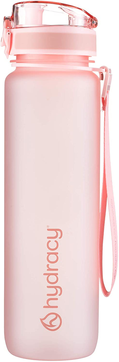Hydracy Water Bottle with Time Marker - Large 1 Liter 32 Oz BPA Free Water Bottle -Leak Proof & No Sweat Gym Bottle with Fruit Infuser Strainer -Ideal Gift for Fitness or Sports & Outdoors - Rose Gold